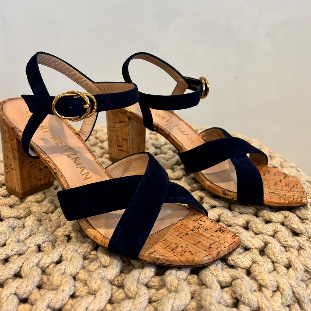 Stuart Weitzman Navy Suede Cork Block Heel Sandals - Picture 2 of 7